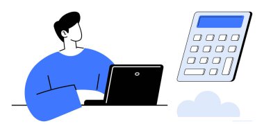 Hesap makinesinin yanındaki dizüstü bilgisayarda çalışan kişi üretkenliği, hesaplamayı, teknolojiyi ve finans bilgisini sembolize ediyor. İş, eğitim, teknoloji, muhasebe analizi verimliliği için ideal