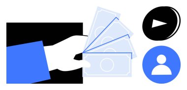 Oynat düğmesi ve ödeme, akış ve kullanıcı etkileşimini simgeleyen kullanıcı profili ikonu yanında nakit para tutuyordu. Finans, çevrimiçi medya, e-ticaret, para, hizmet, fintech için ideal