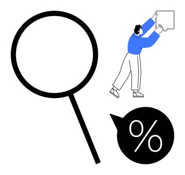 Arama konsepti. Büyük büyüteç, yüzde işareti ve veri arama, keşif ve indirimlerle etkileşim halinde. Arama çözümleri, fiyatlandırma, perakende ticaret stratejisi analizleri