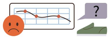 Üzgün bir yüzü, yeşil ayakkabısı ve konuşma balonunda soru işareti olan aşağı eğimli çizelge. Düşüş, kafa karışıklığı, iş mücadelesi, geri bildirim, karar verme arayışı veya gizem için idealdir. Basit düz