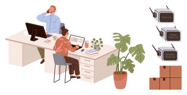 Aynı masada iki iş arkadaşı bilgisayar ve dizüstü bilgisayar kullanıyor, dekorasyon malzemeleri ve depolama kutularıyla. Takım çalışması, işyeri, ofis organizasyonu, lojistik, teknoloji, birlikte çalışma, üretkenlik için ideal