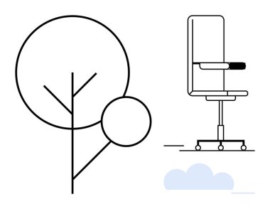 Soyut bir ağaç ve ergonomik ofis sandalyesinin modern estetik çizgisi. İş-yaşam dengesi, sürdürülebilirlik, doğa entegrasyonu, üretkenlik, işyerleri, tasarım kavramları için ideal