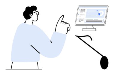 Ekranda görsel verilerle el gösteren ve işaret aletini destekleyen adam. Eğitim, sunum, analiz, iletişim, strateji, yenilik ve liderlik için ideal. Basit düz metafor