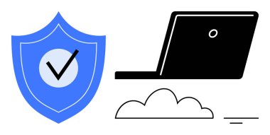 Siber güvenlik kavramı. Siber güvenlik kalkan, dizüstü bilgisayar ve bulut simgeleri aracılığıyla sağlandı. Veri koruması için siber güvenlik, güvenli bulut bilgisayarı ve çevrimiçi mahremiyet. Teknoloji, bilişim ağı ve güvenlik için