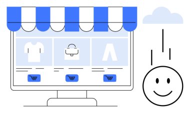 E-ticaret konsepti. Bilgisayar ekranında ürün simgeleri olan ve gülümseyen kullanıcı simgesi olan bir e-ticaret mağazası. E-ticaret büyümesi, çevrimiçi alışveriş, küresel tüketiciler, perakende yeniliği, dijital eğilimler