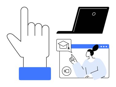 İnternetteki bir video dersinde, bir öğretmenin açıklaması ve mezuniyet şapkası ikonu olan el hareketi puanları. Eğitim, e-öğrenim, teknoloji, iletişim, öğretim, uzaktan çalışma ve yenilik için ideal
