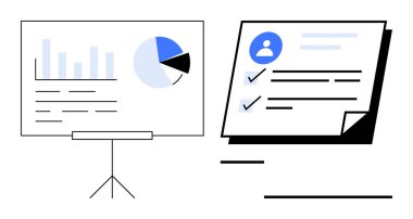 Turta ve bar grafikleriyle birlikte tripod panosundaki grafikler veri içgörüsü gösteriyor. Kontrol listesi ve kullanıcı simgesine sahip belge görev tamamlanmasını vurguluyor. Analiz, planlama, üretkenlik, iş akışı, görev için ideal
