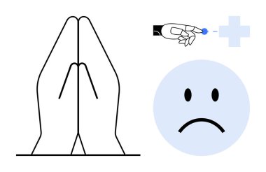 Sağlık konsepti. Dua eden ellerle sağlık, sağlık hizmetlerindeki teknoloji için robot eller ve duygusal sağlığı yansıtan üzgün yüz. Teknoloji, sağlık, duygular, maneviyat, terapi için