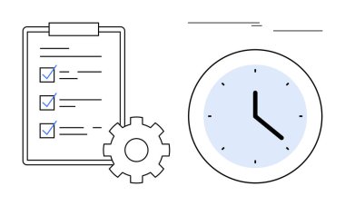 Kontrol işaretli kontrol listesi, ayarları sembolize eden dişli, ve zamanlamayı ve teslim tarihlerini temsil eden bir saat. İş akışı optimizasyonu, planlama, üretkenlik, organizasyon ve proje yönetimi için ideal