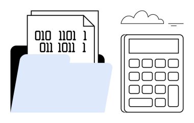 Veri depolama kavramı. Dijital klasörlerdeki ikili kod organize veri yönetimi ve depolama. Hesaplamalar, bulut entegrasyonu ve hesaplama araçlarıyla bağlantılı veri depolama. Teknoloji için mükemmel.