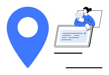 Yer belirleme konsepti. Yer belirleme simgesi ve kullanıcı dijital cihaz navigasyonu ve konum hizmetleriyle meşgul. Coğrafi konumlandırma yön araçlarını ve izleme çözümlerini sağlar. Mükemmel.