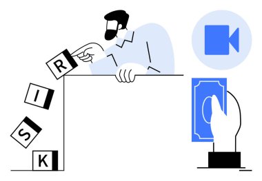 Adam düşen risk bloklarını ayarlar, kamera ikonu analizi sembolize eder ve para teklif eder. Karar verme, finans, strateji, yatırım, yönetim, analiz için ideal basit düz metafor