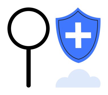 Büyüteç, haçlı mavi kalkan ve bulut güvenliği, veri korumasını ve şeffaflığı gösteriyor. Siber güvenlik, sağlık, analiz, gizlilik, güven bilişim çözümleri için idealdir.