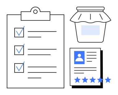 Kontrol listeli pano, yıldız reytingli profil belgesi ve kavanoz. İş yönetimi, kalite değerlendirmesi, müşteri geribildirimi, organizasyon, markalaşma, ürün derecelendirme ve üretkenlik için ideal