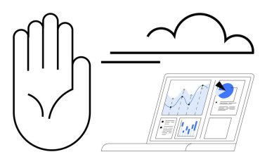 Durmayı temsil eden el hareketi, çevrimiçi depolamayı sembolize eden bulut simgesi ve istatistikli bir dizüstü bilgisayar ekranı. Veri gizliliği, güvenlik, teknoloji, analitik, bulut hesaplaması, risk için ideal