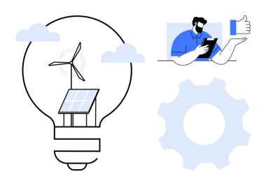 Güneş paneli ve rüzgar türbinli ampul, tabletle etkileşen adam ve vites grafiği. Sürdürülebilirlik, yenilik, teknoloji, takım çalışması, yeşil enerji, verimlilik için ideal modern çözümler