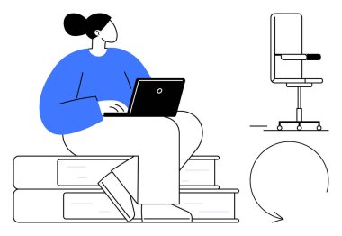 Kitapların üzerine oturmuş dizüstü bilgisayar kullanan bir kadın, yanında ofis sandalyesi, tekrarlamayı ya da bisikleti öneren dairesel bir ok. Eğitim, öğrenim, uzaktan çalışma, yenilik, verimlilik ve öğrenme motivasyonu için ideal