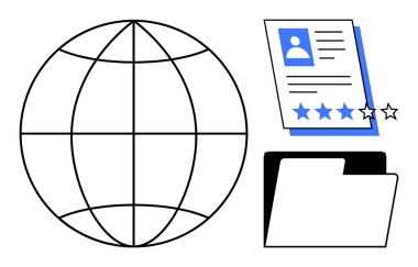 Globe, 5 yıldızlı bir profil belgesi ve küresel bağlantıyı, profil değerlendirmesini ve veri organizasyonunu sembolize eden açık bir dosya klasörü. İşe alım, küreselleşme, ağ oluşturma ve analitik için ideal