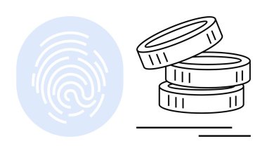 Dijital güvenliği, çevrimiçi ödemeyi ve kimlik doğrulamasını temsil eden bozuk paraların yanında parmak izi var. Fintech, engelleme zinciri, veri koruması, fintech, siber güvenlik, e-ticaret için ideal