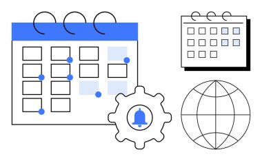 Olay işaretleri ile takvim düzeni, bildirim simgesi ile dişli ve dünya sembolü. Planlama, organizasyon, üretkenlik, atamalar, zaman yönetimi için ideal, küresel iletişimi anımsatıyor