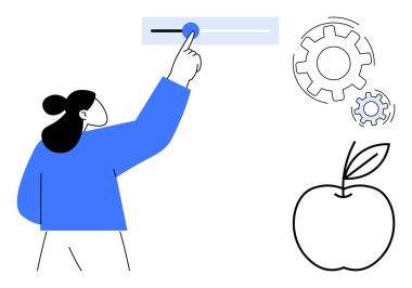 Kadın sürgüyü ayarlar, kontrolü ve optimizasyonu temsil eder. Yakınındaki dişliler süreci sembolize eder ve yenilik elması da sağlığı iletir. Teknoloji, verimlilik, refah, yenilik ve eğitim için ideal