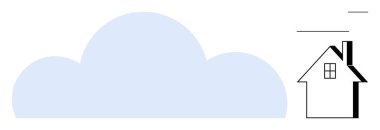 Baca ve pencereli basit bir ev çiziminin yanında mavi bulut. Bulut depolama, akıllı ev, bağlantı, uzaktan erişim, veri güvenliği, teknoloji, dijital dönüşüm için ideal. Minimalist düz