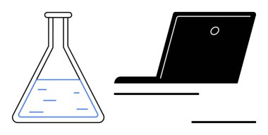 Sıvı ve modern dizüstü bilgisayarlı laboratuvar şişesi bilimsel deneyleri, dijital analizleri ve araştırmaları simgeliyor. Yenilik, teknoloji, bilim, eğitim, veri, takım çalışması için ideal basit bir daire