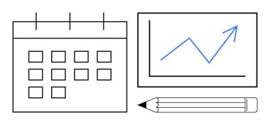 Takvim, yükselen trend tablosu ve planlama, ilerleme izleme, hedef belirleme, zaman yönetimi, iş stratejisi ve basit bir düz metaforda üretkenlik gibi kalem vurgulama kavramları