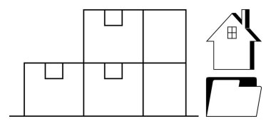 Yığınlanmış kutular, bir ev ve bir dosya klasörü depolamayı, lojistiği, ev organizasyonunu, veri yönetimini, nakliyeyi, envanteri ve mülkiyeti sembolize ediyor. Basit düz metafor için ideal
