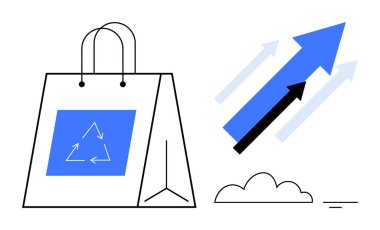 Geri dönüşüm konsepti. Çevre dostu alışveriş torbası ve sürdürülebilirlik artışını gösteren oklarla geri dönüşüm. Geri dönüşüm yeşil ekonomiyi ve çevresel farkındalığı artırır. Perakende, sürdürülebilirlik