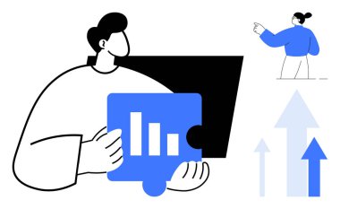 Çubuk grafiği olan bir yapboz parçası tutan kişi, büyümeyi temsil eden oklar ve ileriyi gösteren figür. Takım çalışması, strateji, analitik, işbirliği, ilerleme, problem çözen basit bir daire için ideal