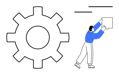 Çalışma akışı konsepti. Çalışma akışı, bir vites ve kutunun yerini değiştiren kişi, takım çalışması ve operasyonel verimlilik tarafından resmedilmiştir. Çalışma akışı optimizasyonu, işbirliği, proje yönetimi, otomasyon, üretkenlik