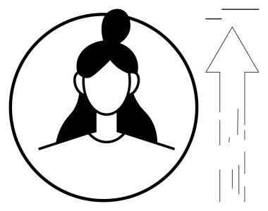 Yukarı doğru hareket çizgileri olan bir okun yanında daire şeklinde bir kadın portresi. Kariyer büyümesi, kişisel gelişim, liderlik, tutkular, motivasyon, ilerleme, basit bir dairede güçlendirme için ideal