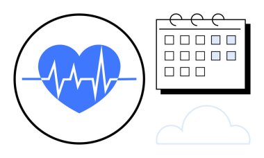 Bir takvim ve bulut simgesinin yanında kalp atışı çizgisi olan mavi kalp. Sağlık, zindelik, randevular, programlama, online planlama, organizasyon, sağlık için ideal. Basit düz metafor