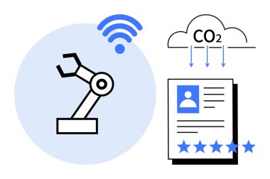 Kablosuz bağlantıya sahip robot kol, bulut tabanlı CO2 izleme ve yıldız dereceli kullanıcı profili değerlendirmesi. AI, IOT, endüstriyel otomasyon, sürdürülebilirlik, veri analizi, kullanıcı için ideal