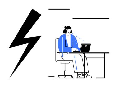 Uzaktan çalışma enerjisi. Dizüstü bilgisayar ve cesur bir yıldırım sembolü kullanan bir kadının resimli konsepti. Uzaktan çalışma verimliliği, verimlilik ve enerji yönetimi. Teknoloji ve işyeri için