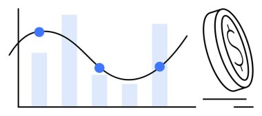 Veri noktalarını birbirine bağlayan eğilim çizgisi olan çubuk grafik ve yanında düşen bir para. Finans, iş büyümesi, yatırım, pazar eğilimleri, kâr izleme, istatistik, basit düz metafor