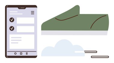 Fitness izleme uygulamalı akıllı telefon ekranı, yeşil koşu ayakkabısı, bulut ve hareket çizgileri. Fitness, mobil teknoloji, koşu, sağlık hedefleri, ilerleme takip sporu motivasyonu için ideal