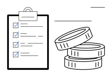 Yığınla madeni paranın yanında kontrol listesi olan pano, bütçe planlamasını, mali planlamayı, maliyet yönetimini, iş değerlendirmesini, mali hedefleri, öncelikleri, stratejik organizasyonu sembolize ediyor. Basit düz
