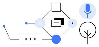 Soyut düğümler, mikrofon, ağaç ve çizgilerle birbirine bağlı geometrik elementler. Teknoloji, yapay zeka, ses girişi, yenilikçi sürdürülebilirlik iletişim ağı için ideal. Minimalist düz metafor