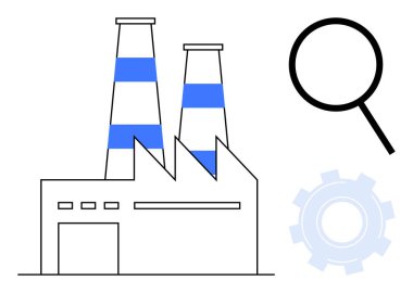 Çizgili bacaları, büyüteçleri ve endüstriyel süreçleri, analizleri ve üretimi temsil eden çarkları olan bir fabrika. Yenilik, verimlilik, strateji, araştırma veri teknolojisi için ideal