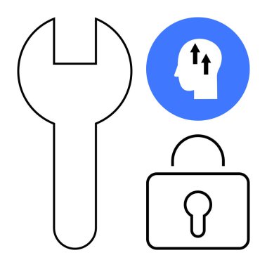 Güvenlik kavramı. Minimalist tasarım bir anahtar, bir asma kilit ve kişisel gelişim ve koruma simgesi tasvir eder. Güvenlik, büyüme, onarım ve koruma fikirlerini birbirine bağlar. Teknoloji için, gelişme