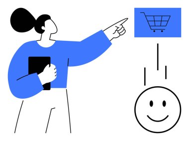 E-ticaret konsepti. Kadının online alışveriş elemanları ile etkileşimi, dijital tüketici deneyimleri. E-ticaret ticari işlemleri, müşteri katılımını ve pazar eğilimlerini kolaylaştırır. İdeal