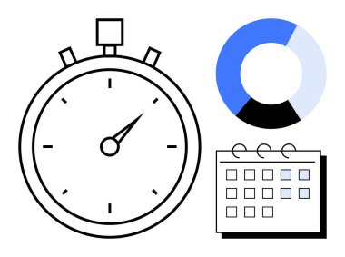 Kronometre zaman takibi, pasta grafiği verileri görselleştirme ve takvim planlama için. Üretkenlik, zaman yönetimi, planlama, teslim tarihleri, organizasyon, verimlilik için ideal daire