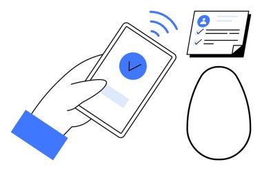 Telefon, belge kontrol listesi, kablosuz sinyal ve oval sensör ile el etkileşimi. Teknoloji, güvenlik, üretkenlik, dijital onay ve doğrulama için ideal