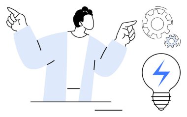 Uzamış kollarıyla bireysel hareketler, süreci sembolize eden iki vites, yeniliği temsil eden ampul. Yaratıcılık, beyin fırtınası, takım çalışması, strateji, problem çözme, eğitim için ideal