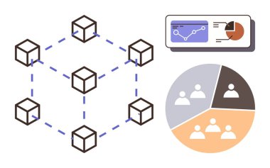 Kübik düğümler blok zincirine bağlı, grafiği ve grafiği olan analitik gösterge paneli ve takımlı segmentli pasta grafiği. Teknoloji, engelleme zinciri, veri, analiz, takım çalışması, işbirliği için ideal