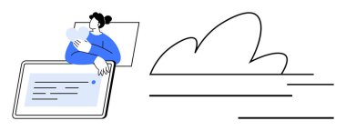 Tablet tutan kadın bulut içeriğiyle etkileşime geçiyor. Bulut depolama, teknoloji, uzaktan çalışma, veri yönetimi, bulut çözümleri, dijital dönüşüm, basit düz metafor için ideal