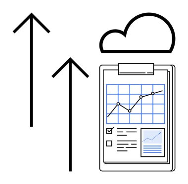Büyüme grafikli pano, iki yukarı doğru ok ve bulut grafiği ilerleme, analiz ve bulut tabanlı çözümler öneriyor. İş stratejisi, veri, bulut hesaplama, analitik yenilik için ideal