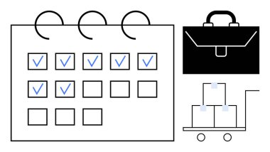 Kontrol işaretli takvim, siyah evrak çantası ve planlama, organizasyon ve görev yönetimini gösteren el arabasının üzerindeki kutular. Üretim, lojistik, iş ve iş akışı hedefleri için ideal